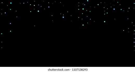 Blue, cyan, turquoise stars, shiny confetti. Scattered little sparkling, glitter elements. Random stellar falling on black background. New Year Christmas background. Vector illustration.