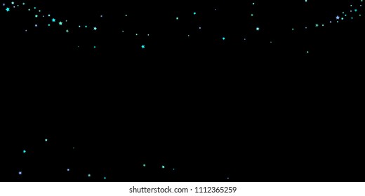 Blue, cyan, turquoise stars, shiny confetti. Scattered little sparkling, glitter elements. Random stellar falling on black background. New Year Christmas background. Vector illustration.