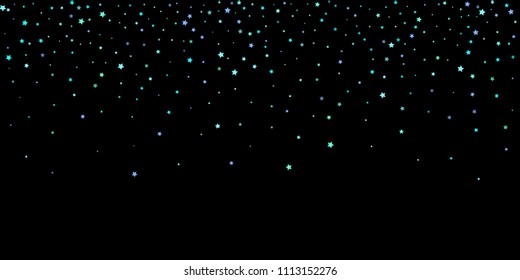 Blue, cyan, turquoise stars, shiny confetti. Scattered little sparkling, glitter elements. Random stellar falling on black background. New Year Christmas background. Vector illustration.