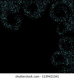 Blue, cyan, turquoise stars, shiny confetti. Scattered little sparkling, glitter elements. Random stellar falling on black background. New Year Christmas background. Vector illustration.