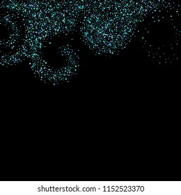 Blue, cyan, turquoise stars, shiny confetti. Scattered little sparkling, glitter elements. Random stellar falling on black background. New Year Christmas background. Vector illustration.