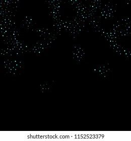 Blue, cyan, turquoise stars, shiny confetti. Scattered little sparkling, glitter elements. Random stellar falling on black background. New Year Christmas background. Vector illustration.