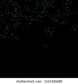 Blue, cyan, turquoise stars, shiny confetti. Scattered little sparkling, glitter elements. Random stellar falling on black background. New Year Christmas background. Vector illustration.