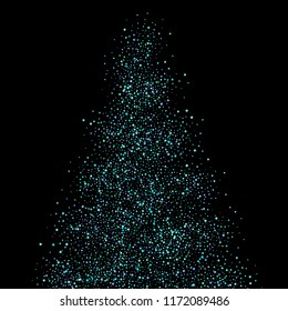 Blue, cyan, turquoise stars, shiny confetti. Scattered little sparkling, glitter elements. Random stellar falling on black background. New Year Christmas tree background. Vector illustration.