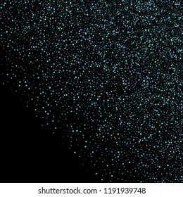 Blue, cyan, turquoise stars, shiny confetti. Scattered little sparkling, glitter elements. Random stellar falling on black background. New Year Christmas background. Vector illustration.