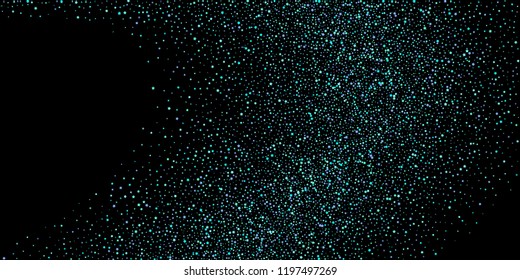 Blue, cyan, turquoise stars, shiny confetti. Scattered little sparkling, glitter elements. Random stellar falling on black background. New Year Christmas background. Vector illustration.