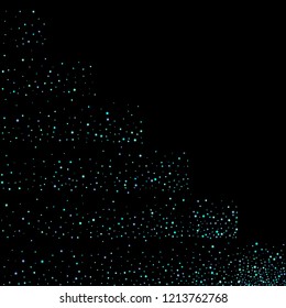 Blue, cyan, turquoise stars, shiny confetti. Scattered little sparkling, glitter elements. Random stellar falling on black background. New Year Christmas background. Vector illustration.