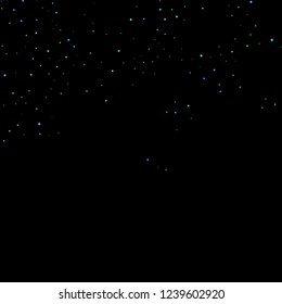 Blue, cyan, turquoise stars, shiny confetti. Scattered little sparkling, glitter elements. Random stellar falling on black background. New Year Christmas background. Vector illustration.