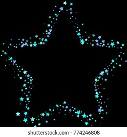 Blue, cyan, turquoise stars, sprocket, shiny confetti. Scattered little sparkling, glitter elements. Random stellar falling on black background. New Year Christmas background. Vector illustration.