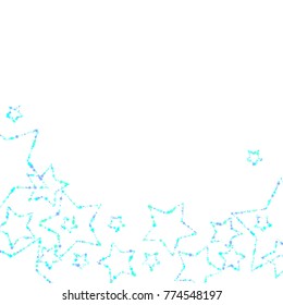 Blue, cyan, turquoise stars, sprocket, shiny confetti. Scattered little sparkling, glitter elements. Random stellar falling on white background. New Year Christmas background. Vector illustration.