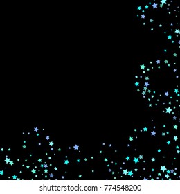 Blue, cyan, turquoise stars, sprocket, shiny confetti. Scattered little sparkling, glitter elements. Random stellar falling on black background. New Year Christmas background. Vector illustration.