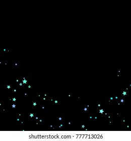 Blue, cyan, turquoise stars, sprocket, shiny confetti. Scattered little sparkling, glitter elements. Random stellar falling on black background. New Year Christmas background. Vector illustration.