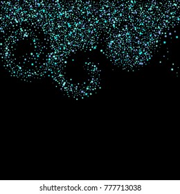 Blue, cyan, turquoise stars, sprocket, shiny confetti. Scattered little sparkling, glitter elements. Random stellar falling on black background. New Year Christmas background. Vector illustration.
