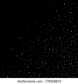 Blue, cyan, turquoise stars, sprocket, shiny confetti. Scattered little sparkling, glitter elements. Random stellar falling on black background. New Year Christmas background. Vector illustration.