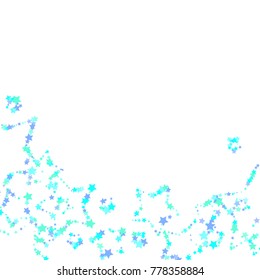 Blue, cyan, turquoise stars, sprocket, shiny confetti. Scattered little sparkling, glitter elements. Random stellar falling on white background. New Year Christmas background. Vector illustration.