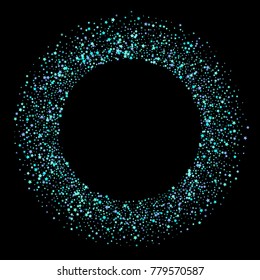 Blue, cyan, turquoise stars, sprocket, shiny confetti. Scattered little sparkling, glitter elements. Random stellar falling on black background. New Year Christmas background. Vector illustration.