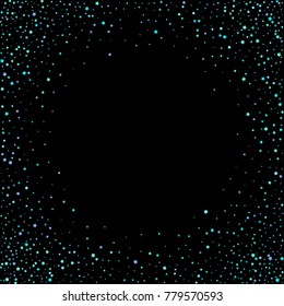 Blue, cyan, turquoise stars, sprocket, shiny confetti. Scattered little sparkling, glitter elements. Random stellar falling on black background. New Year Christmas background. Vector illustration.