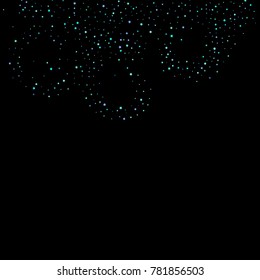 Blue, cyan, turquoise stars, sprocket, shiny confetti. Scattered little sparkling, glitter elements. Random stellar falling on black background. New Year Christmas background. Vector illustration.