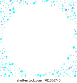 Blue, cyan, turquoise stars, sprocket, shiny confetti. Scattered little sparkling, glitter elements. Random stellar falling on white background. New Year Christmas background. Vector illustration.