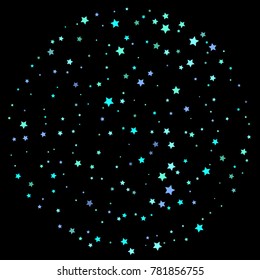 Blue, cyan, turquoise stars, sprocket, shiny confetti. Scattered little sparkling, glitter elements. Random stellar falling on black background. New Year Christmas background. Vector illustration.