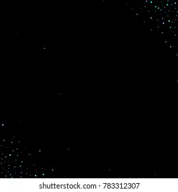 Blue, cyan, turquoise stars, sprocket, shiny confetti. Scattered little sparkling, glitter elements. Random stellar falling on black background. New Year Christmas background. Vector illustration.