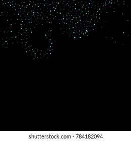 Blue, cyan, turquoise stars, sprocket, shiny confetti. Scattered little sparkling, glitter elements. Random stellar falling on black background. New Year Christmas background. Vector illustration.