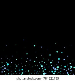 Blue, cyan, turquoise stars, sprocket, shiny confetti. Scattered little sparkling, glitter elements. Random stellar falling on black background. New Year Christmas background. Vector illustration.