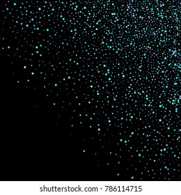Blue, cyan, turquoise stars, sprocket, shiny confetti. Scattered little sparkling, glitter elements. Random stellar falling on black background. New Year Christmas background. Vector illustration.