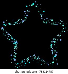 Blue, cyan, turquoise stars, sprocket, shiny confetti. Scattered little sparkling, glitter elements. Random stellar falling on black background. New Year Christmas background. Vector illustration.