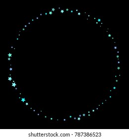Blue, cyan, turquoise stars, sprocket, shiny confetti. Scattered little sparkling, glitter elements. Random stellar falling on black background. New Year Christmas background. Vector illustration.