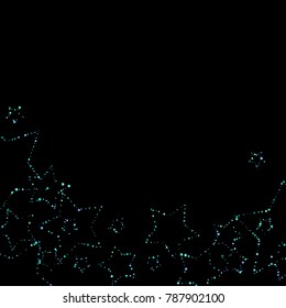 Blue, cyan, turquoise stars, sprocket, shiny confetti. Scattered little sparkling, glitter elements. Random stellar falling on black background. New Year Christmas background. Vector illustration.