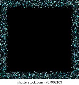 Blue, cyan, turquoise stars, sprocket, shiny confetti. Scattered little sparkling, glitter elements. Random stellar falling on black background. New Year Christmas background. Vector illustration.