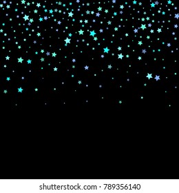 Blue, cyan, turquoise stars, sprocket, shiny confetti. Scattered little sparkling, glitter elements. Random stellar falling on black background. New Year Christmas background. Vector illustration.