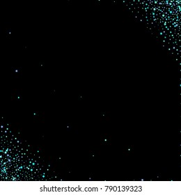 Blue, cyan, turquoise stars, sprocket, shiny confetti. Scattered little sparkling, glitter elements. Random stellar falling on black background. New Year Christmas background. Vector illustration.