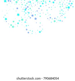 Blue, cyan, turquoise stars, sprocket, shiny confetti. Scattered little sparkling, glitter elements. Random stellar falling on white background. New Year Christmas background. Vector illustration.