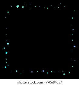 Blue, cyan, turquoise stars, sprocket, shiny confetti. Scattered little sparkling, glitter elements. Random stellar falling on black background. New Year Christmas background. Vector illustration.
