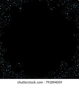 Blue, cyan, turquoise stars, sprocket, shiny confetti. Scattered little sparkling, glitter elements. Random stellar falling on black background. New Year Christmas background. Vector illustration.