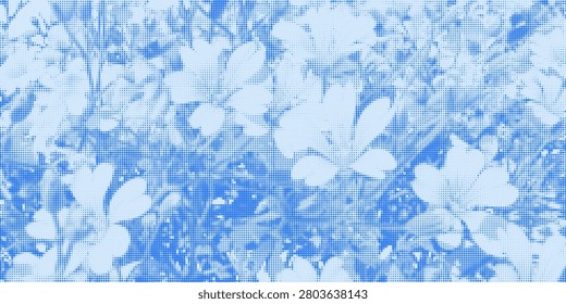 Blue cyanotype background with halftone flowers. Monochrome meadow floral dotted banner. 