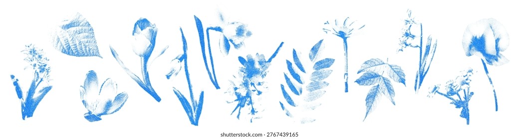 Blue cyanotype floral elements set. Halftone flowers and leaves with vintage stipple dot texture, stickers for scrapbook and collage Modern retro vector illustration isolated on transparent background