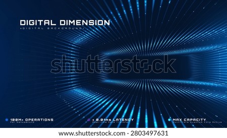 Blue Cyber Dimension Background With Future Technology Concept And Fast Speed Glow Neon Purple Line Graphic Design, Bright Light Abstract Digital Corridor Connection System. Vector Illustration.