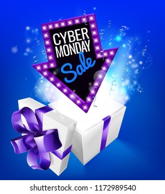 A blue Cyber Monday Sale arrow sign exploding out of a gift box with a purple ribbon bow