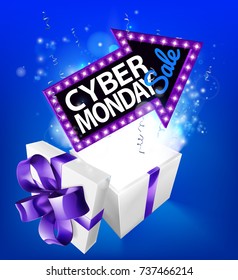 A blue Cyber Monday Sale arrow sign exploding out of a gift box with a purple ribbon bow design