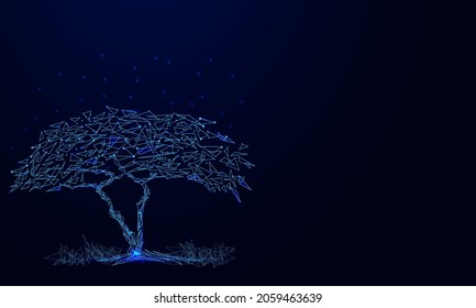 Blue cyber polygon tree with futuristic element, concept of network connection technology or big data, business vector