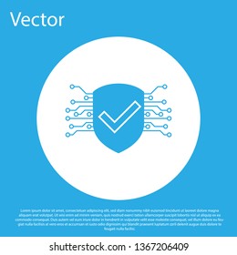 Blue Cyber security icon isolated on blue background. Shield with check mark sign. Safety concept. Digital data protection. White circle button. Vector Illustration