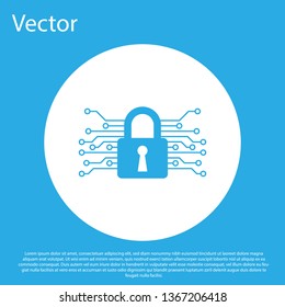 Blue Cyber security icon isolated on blue background. Closed padlock on digital circuit board. Safety concept. Digital data protection. White circle button. Vector Illustration