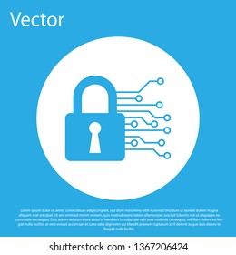 Blue Cyber security icon isolated on blue background. Closed padlock on digital circuit board. Safety concept. Digital data protection. White circle button. Vector Illustration