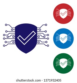 Blue Cyber security icon isolated on white background. Shield with check mark sign. Safety concept. Digital data protection. Set color icon in circle buttons. Vector Illustration
