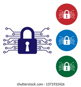 Blue Cyber security icon isolated on white background. Closed padlock on digital circuit board. Safety concept. Digital data protection. Set color icon in circle buttons. Vector Illustration