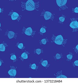 Blue Cyber security icon isolated seamless pattern on blue background. Shield with check mark sign. Safety concept. Digital data protection. Vector Illustration