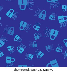 Blue Cyber security icon isolated seamless pattern on blue background. Closed padlock on digital circuit board. Safety concept. Digital data protection. Vector Illustration